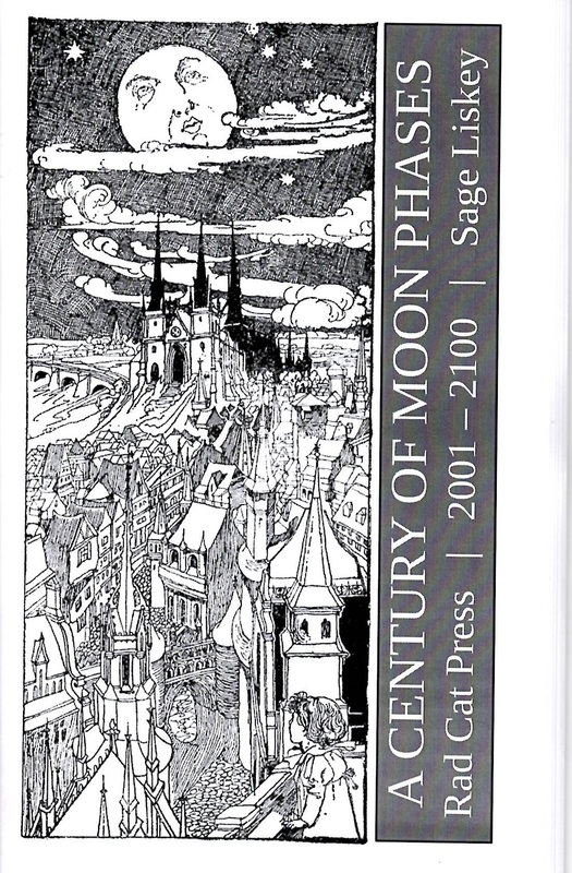 The cover has a black and white illustration. There is a moon with a face and clouds in the sky. The foreground has a city scape and a person on a balcony looking out. The title of the zine and author are written vertically on the right side of the cover.