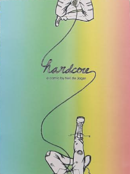 A rainbow gradient with illustrations of someone's legs who is knitting at the bottom, someone holding their ball of yarn at the top, and the yarn spells the title in the middle