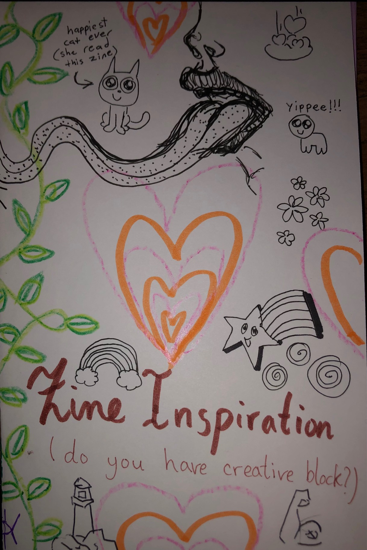 Title reads "Zine Inspiration (do you have creative block?) and is surrounded by doodles in different styles and colours including leaves in green crayon, some hearts, and a happy cat.