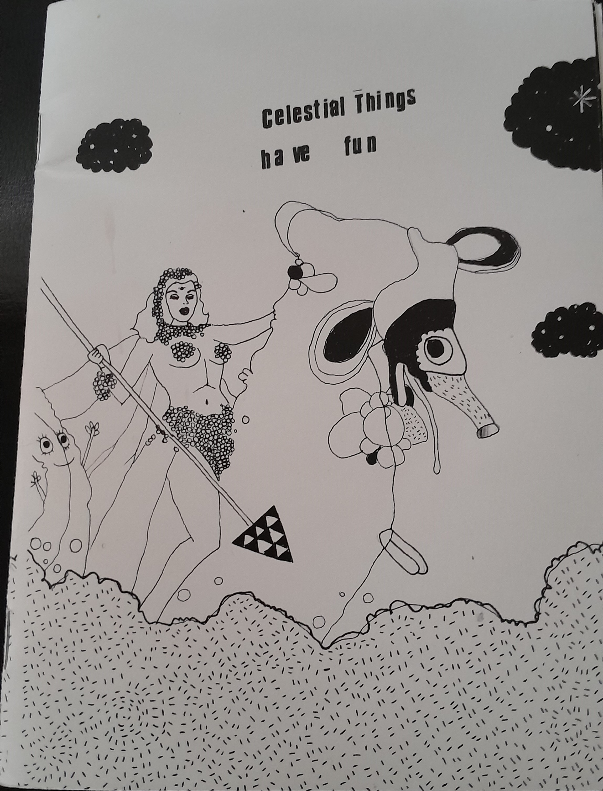 Black and white surrealist artwork depicting a humanoid woman, mostly nude, holding onto a spear, and two unidentifiable surreal-looking creatures. The title, "Celestial Things have fun" is printed center-top.