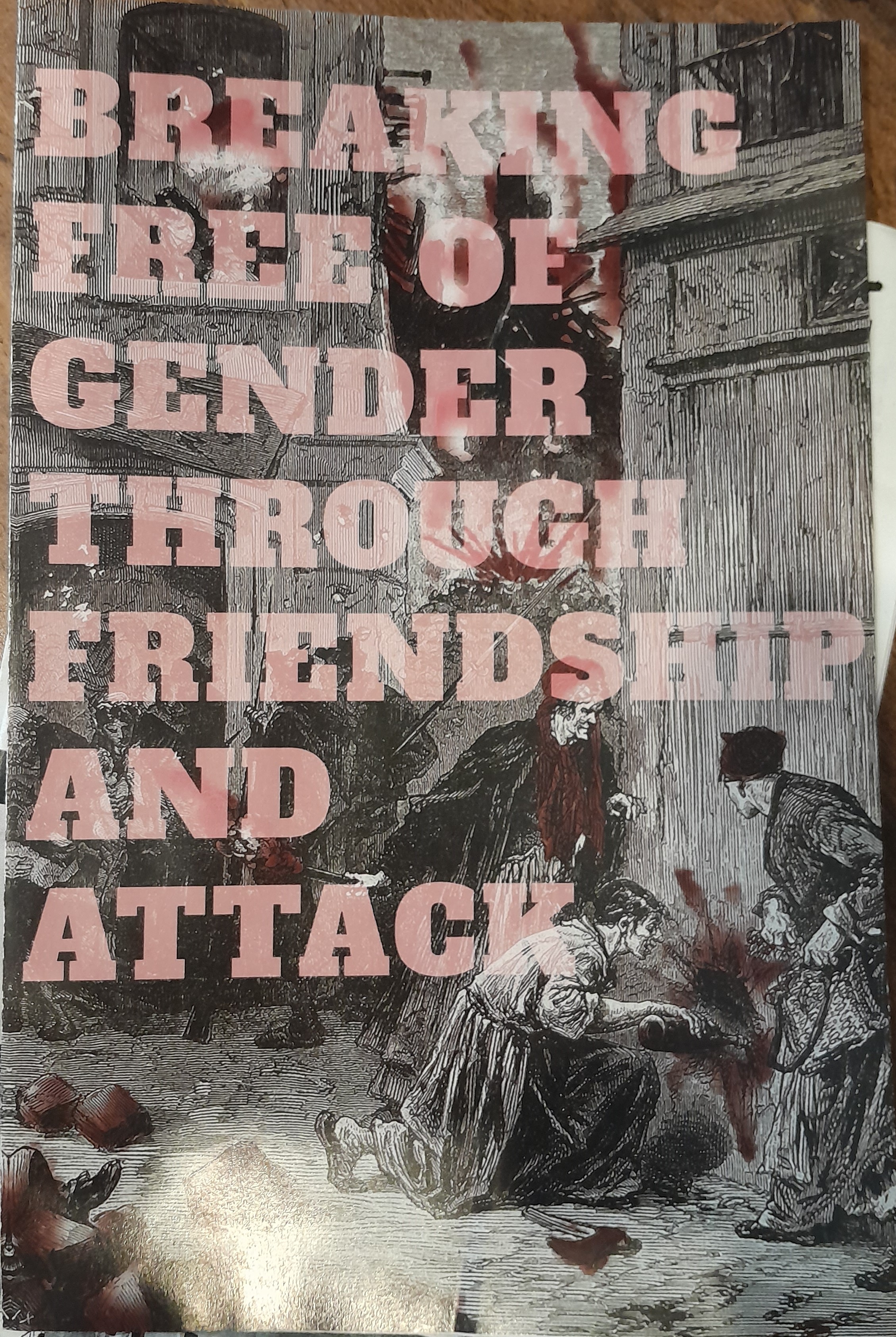 Black, white, and red artwork depicting women partaking in acts of anarchistic, anti-patriarchal violence and resistance, set against the backdrop of a burning village. The front and back covers contain the same artwork. The front cover, pictured, has the title, "Breaking Free of Gender Through Friendship and Attack" imposed over the artwork in pink lettering, while the back, not pictured, contains a short synposis of the contents of the zine.