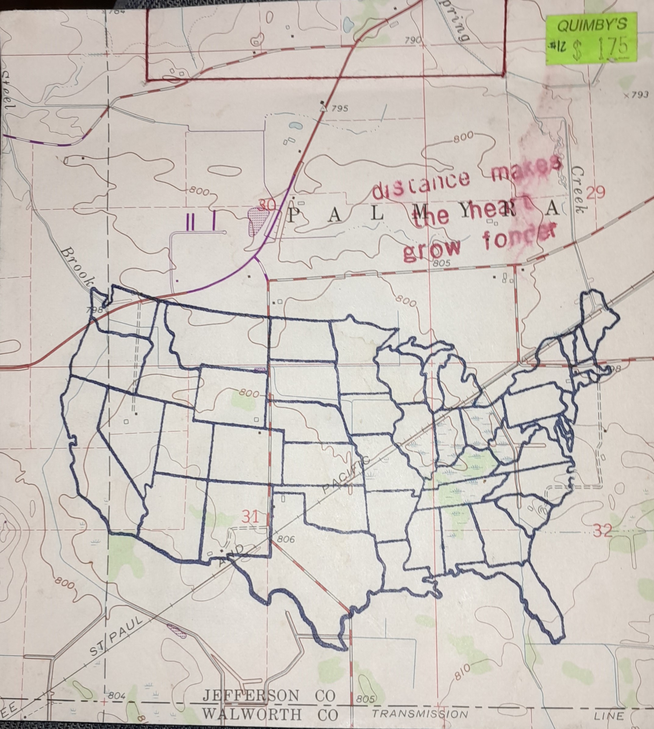 cover is made from an unidentifiable tourist map with two stamps over it; one is a dark blue map of the continental United States of America (no state names), and the second is the title, "distance makes the heart grow fonder" in red ink that is slightly smeared.