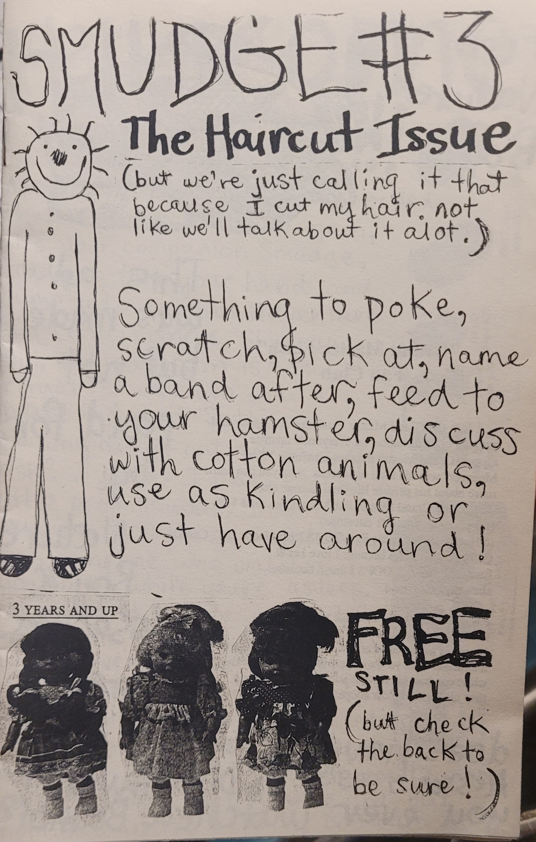 Cover includes a simple drawing of a person, writing, and pictures of children's dolls.