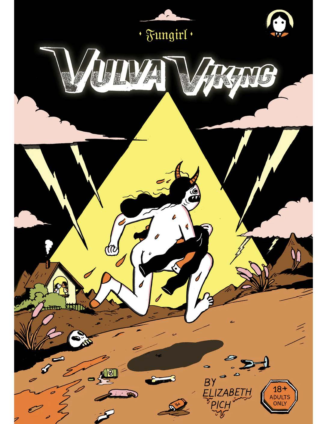 An illustration of a naked person with devil horns and blood dripping off their body running down a dirt road. The road is covered with bones and garbage. In the background, two people can be seen kissing through the window of a house. Lightening strikes from pink clouds against a black sky that covers the top two-thirds of the page, at the centre of which is a large yellow triangle pointing towards the sky with the running person in the centre.