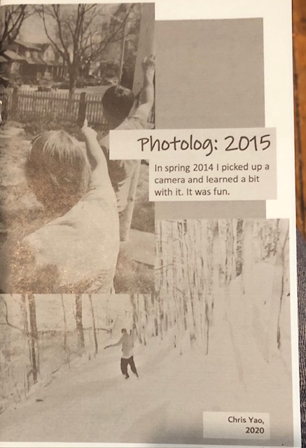 Photocopied collage of images and text. One image is the backs of two people who are gesturing with their right arms and the other is a person in snowy woods.