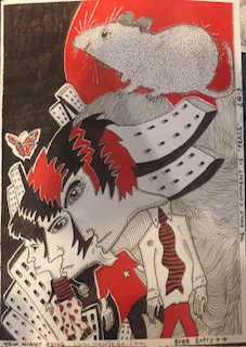 black, white and red surrealist illustration of three people in an urban landscape with a big rat and a small butterfly.