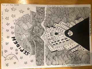 Black and white surrealist artzine depicting city skyline and night sky with moon and stars; foreground depicts a woman wearing a hijab and a small child.