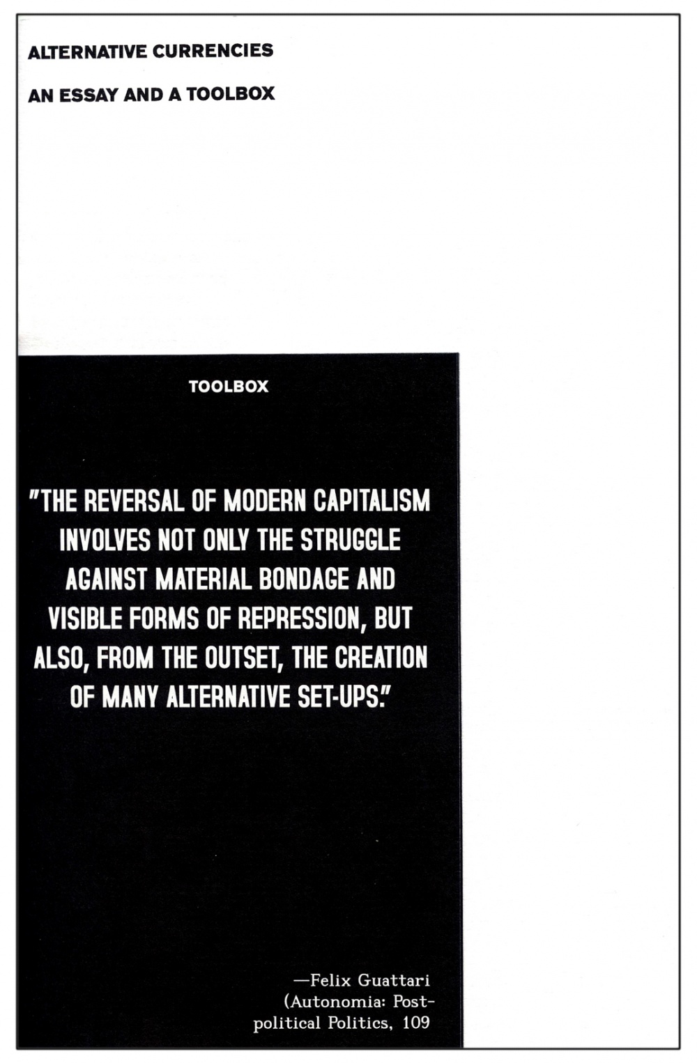 Cover of the zine "Alternative Currencies," which displays the title of the zine and the mini-zine in black and white text