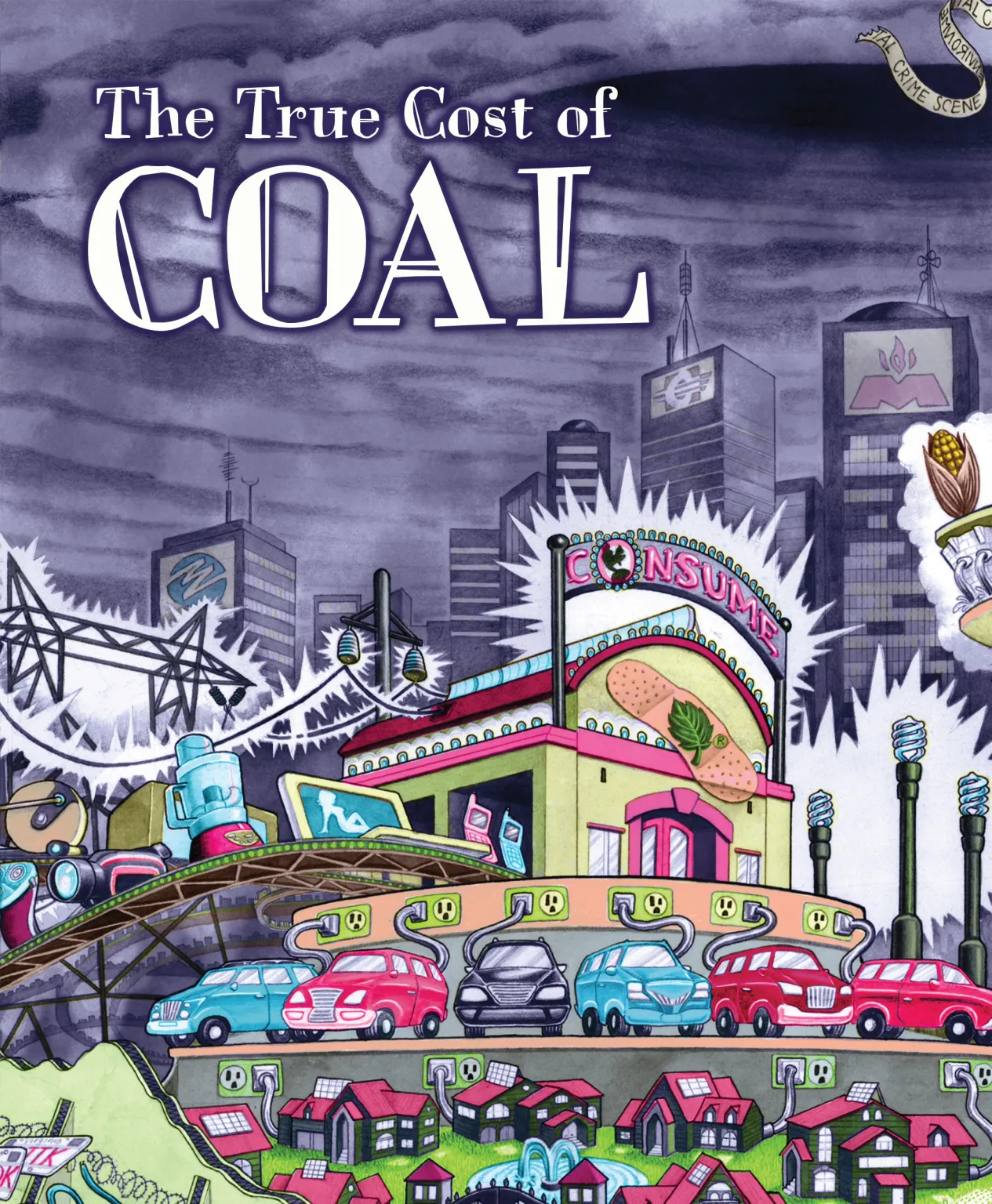 Colour illustration depicting cars, homes, and electronics plugged into a central city grid