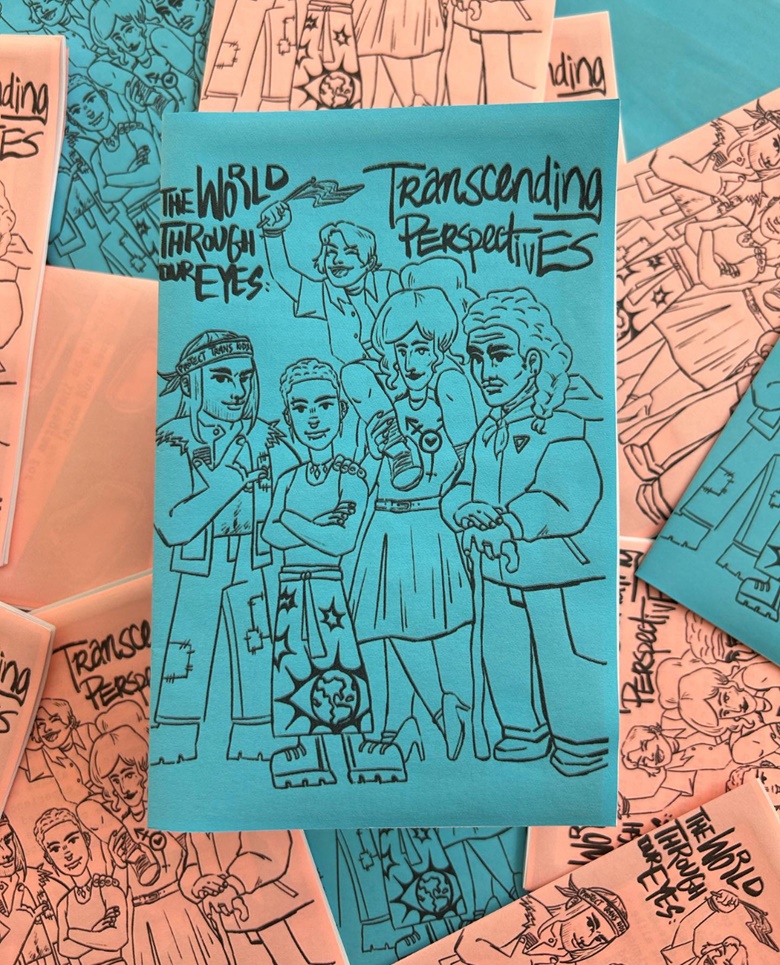 Line drawing illustration of five trans people