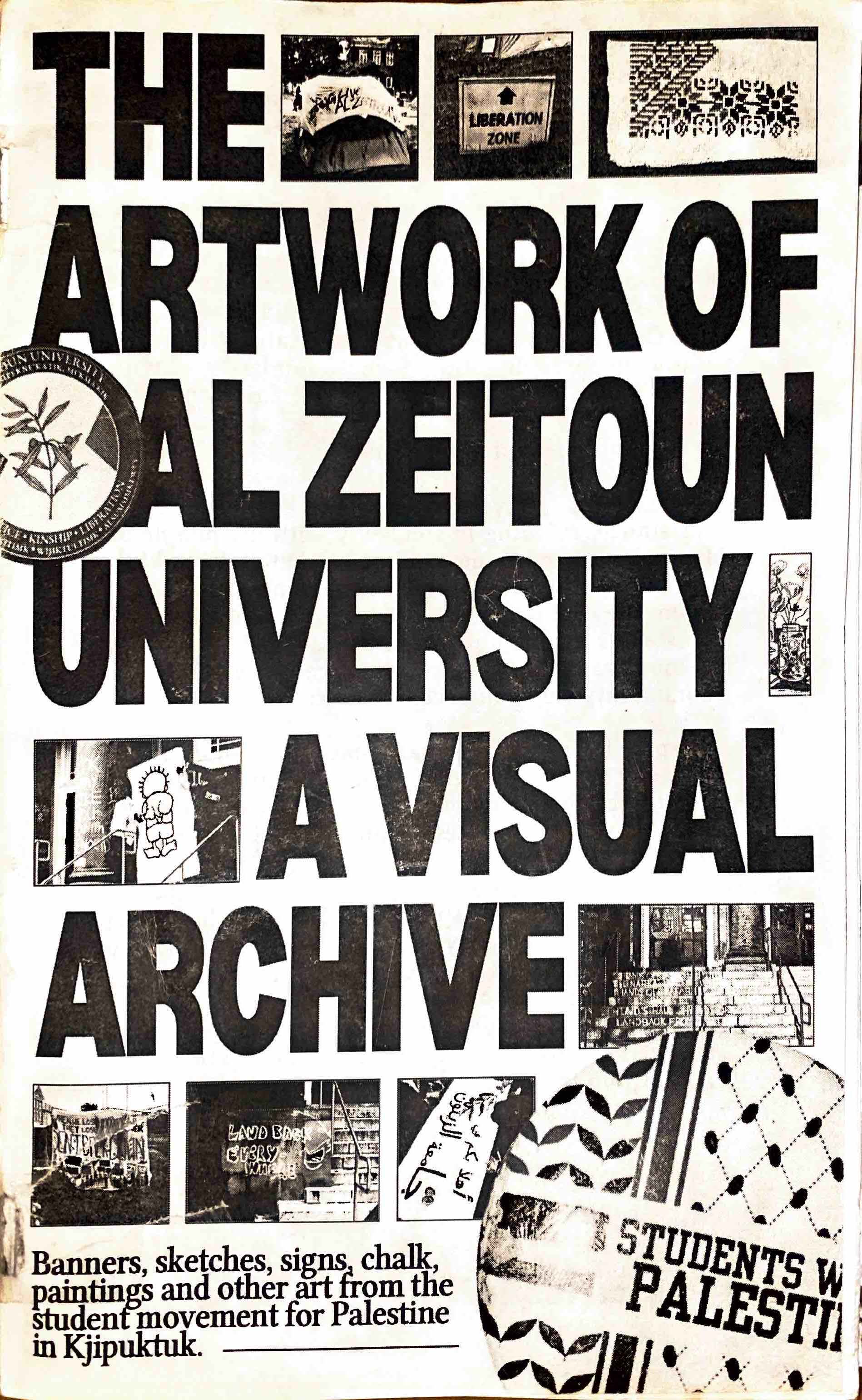 title of zine in bold black font with pro-Palestinian images around the edges