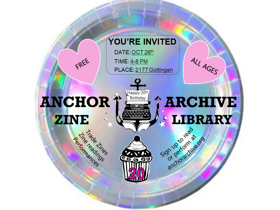 A flier for the event that shows all the event information on a sparkly paper plate, with a picture of a cupcake that says 20.